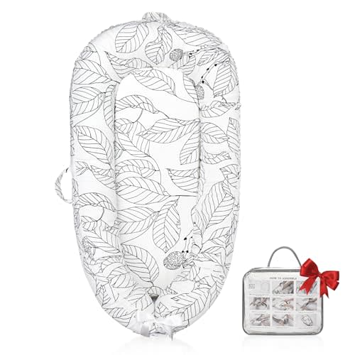 JOCUTE Baby Lounger - Baby Lounger for Newborn, Breathable & Soft Baby Nest Cover Co Sleeper for Baby 0-24 Months, Babies Essentials Gifts, Portable Infant Lounger-White Leaves