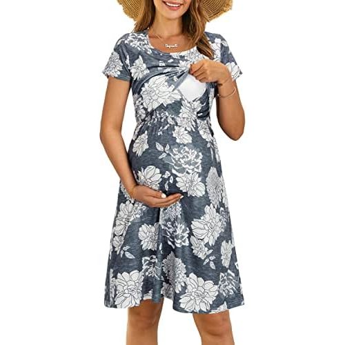 OUGES Womens 2025 Short Sleeve Summer Floral Maternity Dresses Nursing Gown Breastfeeding Clothes