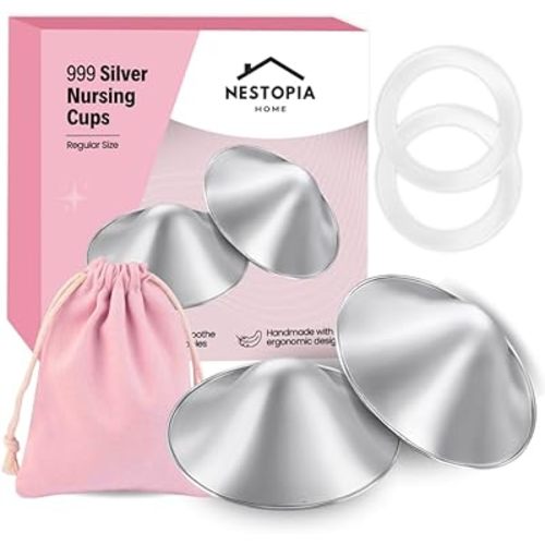 Nestopia Home The Original Silver Nursing Cups - Nipple Shields for Breastfeeding Newborn- Protect and Soothe Nipples - 999 Silver - Regular Size