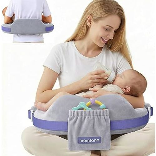 MOMFANN Nursing Pillow for Breastfeeding, 60D Firm Memory Foam, Ergonomic Lumbar Support & Safety Fence, Wider Cushion for Back Pain Relief, Adjustable Strap, Removable Machine Washable Cover -Gray