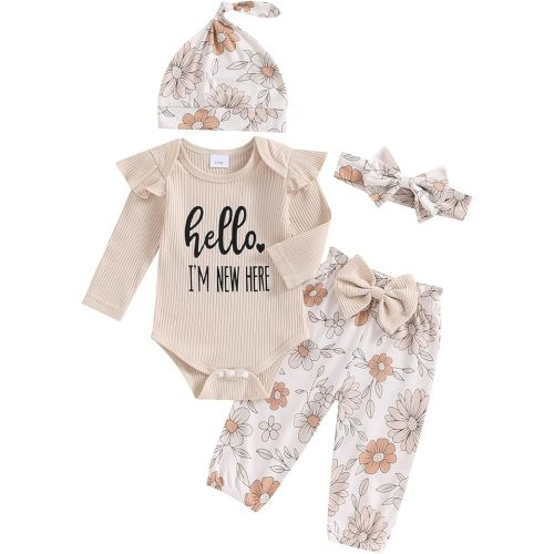 Hello World Newborn Outfit Baby Girl Going Home Outfit Ruffle Ribbed Romper Top Floral Pants Set Cute Summer Clothes