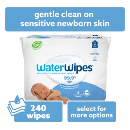 WaterWipes Natural Non-Fragrance Baby Wipes, 99.9% Water Based, 4 Packs (240 Wipes)