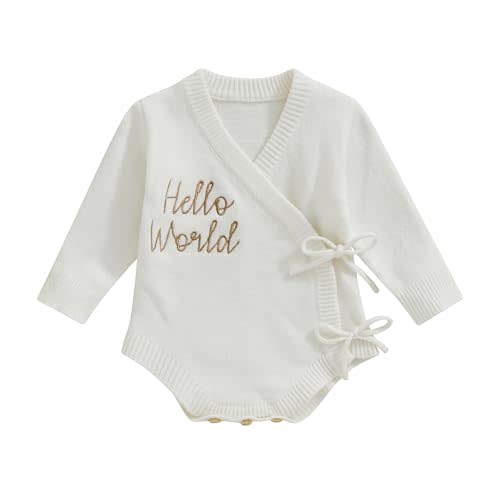 Frietlebird Unisex Newborn Baby Boy Girl Clothes Hello World Print Long Sleeve Romper Knit Sweater Onesie Coming Home Outfit