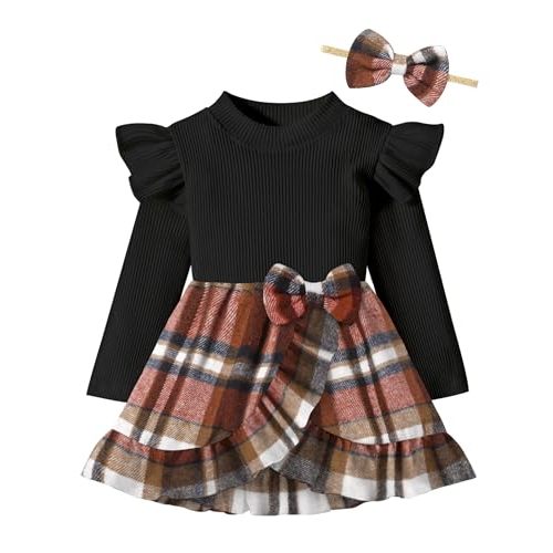 WIQI Baby Girl Dress Ruffle Sleeve Plaid Dresses Ribbed Infant Girl Fall Winter Outfits with Bowknot Headband