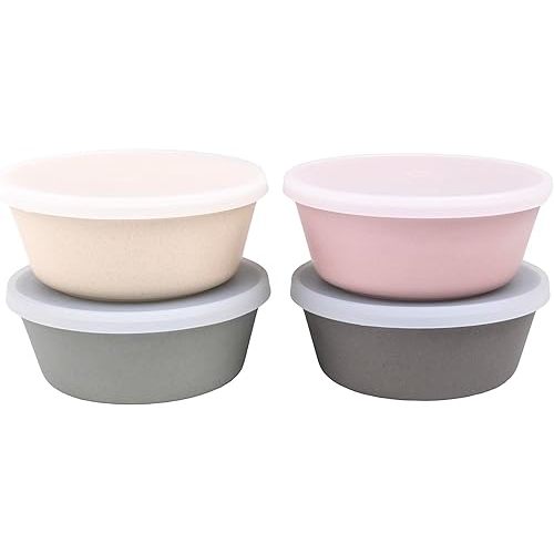 WeeSprout Bamboo Kids Bowls with Lids, Set of Four 10 oz kid-Sized Bamboo Bowls, Bamboo Kid Bowls with Lids for Leftovers, Dishwasher Safe (Pink, Green, Gray, & Beige)