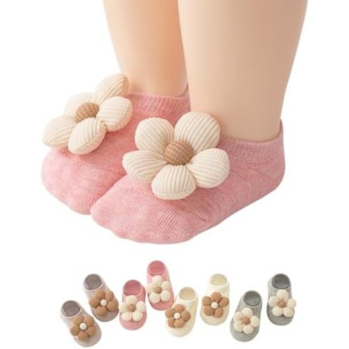 VWU Baby Socks with Grips,Infant Toddler Girls Boys Low Cut Non Slip Cotton Cute Flower 0-24 Months