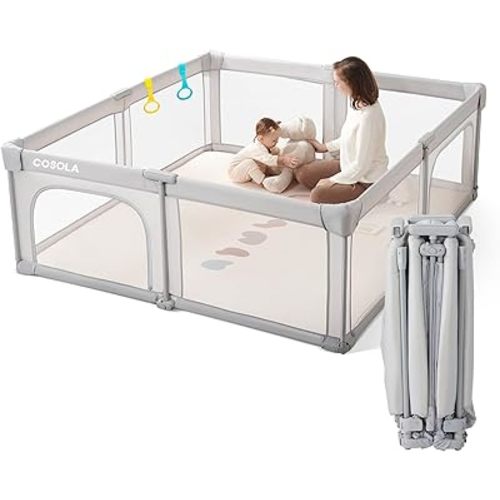 Baby Playpen Portable, Pre-Assembled Play Pen 71x79 Large Foldable Playpen for Babies and Toddlers, Sturdy and Safe Toddler Playpen Indoor Outdoor with Carry Bag, Grey