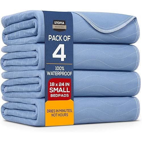 Utopia Bedding Washable Underpads 18" x 24" (Pack of 4), Waterproof Reusable Heavy Absorbency Incontinence Bed Pads for Adults, Kids, Elderly and Pets, Bedwetting Pads for Sofa and Couch (Blue)