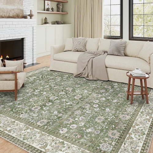 BERTHMEER 5'x7' Vintage Area Rugs Washable Green Oriental Throw Rugs for Living Room Bedroom Kitchen Non Slip Dorm Office Dining Room Traditional Distressed