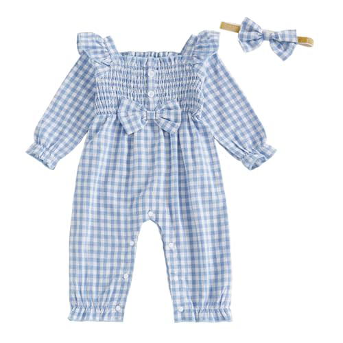 Amnnchya Newborn Infant Baby Girl Clothes Smocked Fly Sleeve Ruffle Bow Romper Plaid Jumpsuit One Piece Fall Winter Outfits