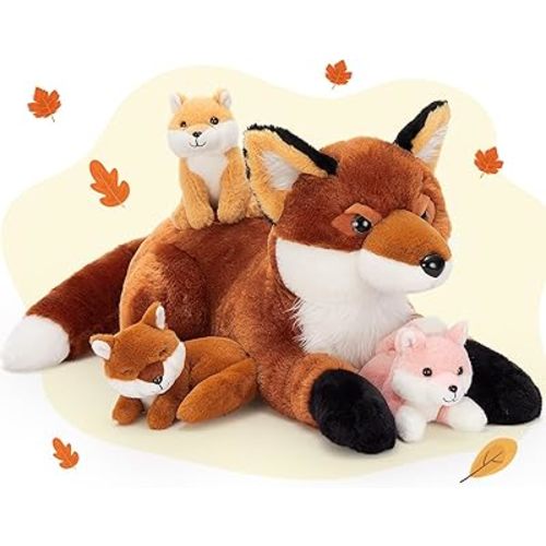 4Pcs Fox Stuffed Animal Set, Large Mommy Red Fox Plush 22 Inch with 3 Baby Foxes in Her Zippered Tummy, Stuffed Fox Plushie Toy for Girls and Kids