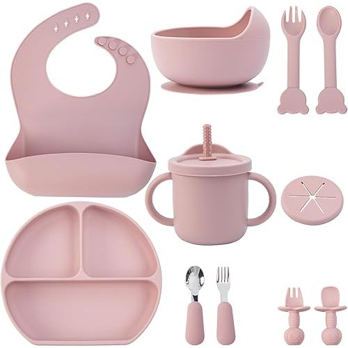 Baby Feeding Set, 13PCS Silicone Baby Self Feeding Set, Toddler Led Weaning Utensils Set with Suction Bowl and Plate, 3 Set of Baby Spoon and Fork, Adjustable Bid, Sippy Cup with Straw and 2 Lids