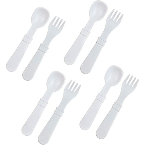 RE-PLAY Made in USA 8pk Toddler Feeding Spoon and Fork Set| Made from BPA Free Eco Friendly Recycled Milk Jugs - Virtually Indestructible | BPA FREE | Dishwasher Safe |White