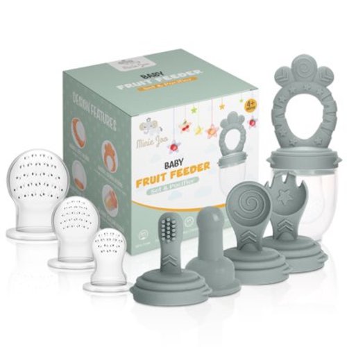 Minie Joo 7-in-1 Baby Food Feeder & Teether | 3 Pacifier Pouches | Infant Teething Toy & Self-Feeding Set(Grey)