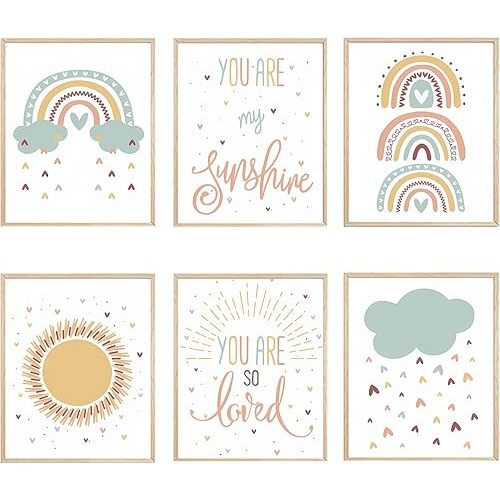 LLOSEUP Boho Nursery Wall Art Prints Rainbow Weather Wall Decor Set of 6 Unframed Heart Rain You Are My Sunshine Inspirational Wall Decoration for Boy Girl Child Room Playroom Bedroom 8x10 Inch