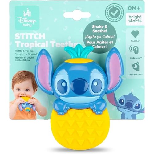 Disney Baby Stitch Tropical Teethe Rattle & Teether by Bright Starts, Pineapple Shaped Activity Teether Toy for Newborns and Up
