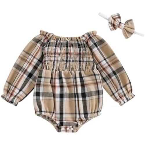 Infant Baby Girl Bubble Romper Boho Clothes Long Sleeve Cotton Smocked Jumpsuit Outfit with Headband