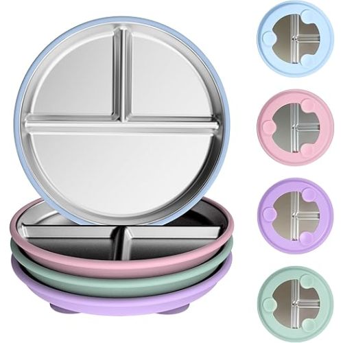 4 Pack Stainless Steel Kids Suction Plates, 9”Toddler Divided Plates with Removable Anti-Slip Silicone Suction Sleeves, 100% Food-Grade Material, Non Toxic&BPA Free, Baby Snack Dishes, Dishwasher Safe