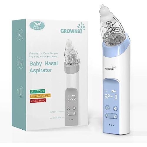 GROWNSY Nasal Aspirator for Baby, Electric Nose Aspirator for Toddler, Baby Nose Sucker, Automatic Nose Cleaner with 3 Silicone Tips, Adjustable Suctions, Music and Light Soothing Function (Blue)