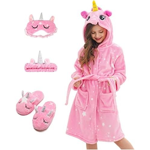 Soft Unicorn Hooded Robe with Matching Slippers Headband and Blindfold for Girls