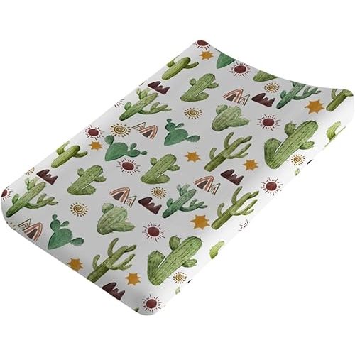 Watercolor Cactus Changing Pad Cover Boho Cactus Sun Mountain Tribal Fitted Baby Changing Table Sheets for Boys Girls Ultra Soft Breathable Stretchy Changing Mat Cover 32''x16''