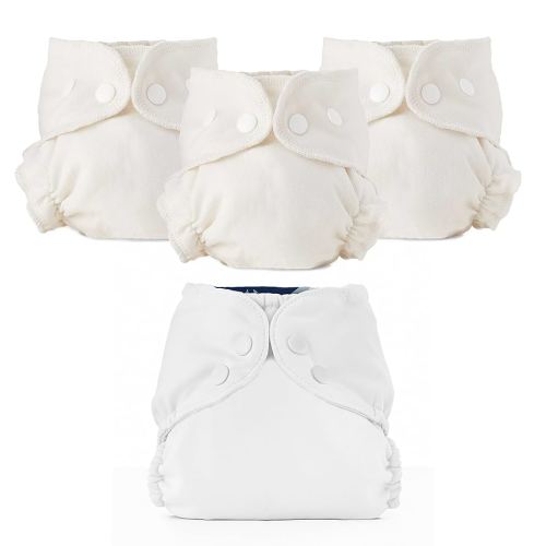 Esembly Cloth Diaper Bundle Set - 3 Organic Cotton Absorbent Inners and 1 Waterproof Outer Diaper Cover - Reusable, Washable, Snap Closure Cloth Diapers - Size 2 (18-35lbs), Sea Salt