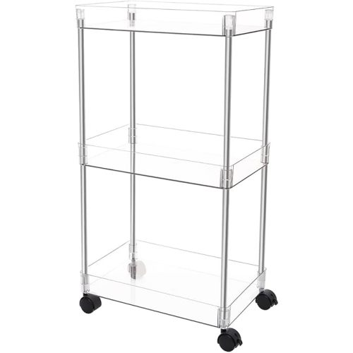3-Tier Slim Storage Cart Mobile Shelving Unit Organizer Slide Out Storage Rolling Utility Cart Stainless Steels Tower Rack for Kitchen Bathroom Laundry Narrow Places (Transparent, 10.23inch)