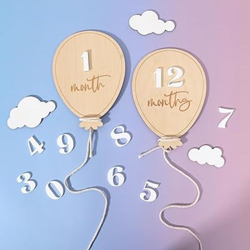 Wooden Balloon Milestone Sign - Balloon Baby Monthly Growth Record Markers,Baby Wooden Balloon Announcement Sign,Newborn 1-12 Months Photo Props,Boy Girl Balloon Milestone Sign