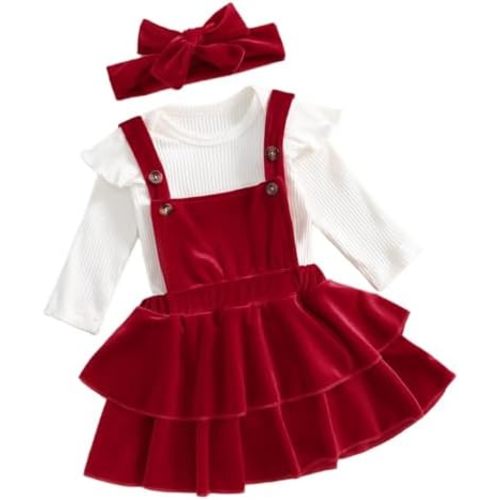 Thorn Tree Newborn Baby Girls Christmas Outfits Long Sleeve Onesie Romper+Velvet Suspender Skirts+Headband Clothes