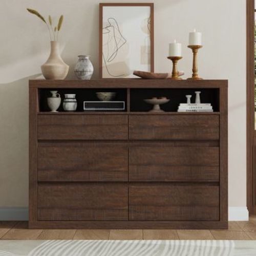 6 Drawer Dresser, Modern Wooden Chest of Drawers with 2 Open Shelves, 47 Inch Wide Double Dresser for Bedroom, Living Room, Closet Storage
