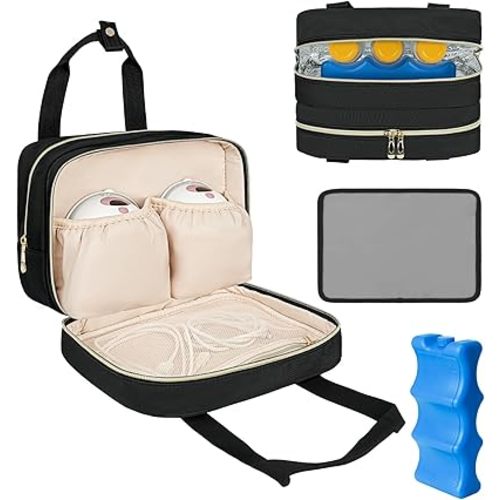 Breastmilk Cooler Travel Bag, Wearable Breast Pump Storage Bag Compatible with Momcozy/Medela/Elvie/Willow Breast Pump with Ice Pack and Waterproof Mat,Black