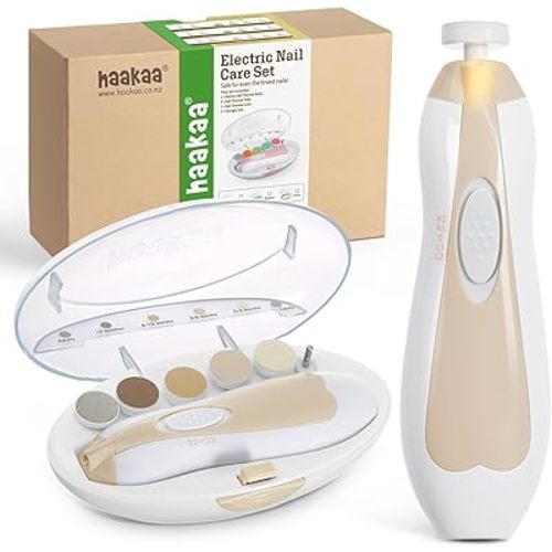 haakaa Baby Nail Care Electric Baby Nail File Kit with LED Light, Baby Nail Clippers for Newborn/Infants/Adults Toenails and Fingernails, 6 Replacement Heads & Storage Case, Acorn