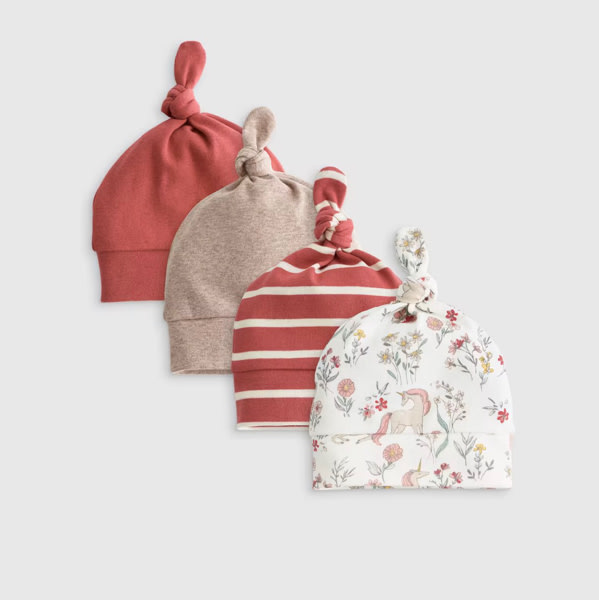 100% Organic Cotton Hat 4-Pack - Baby Girl in Unicorn Floral