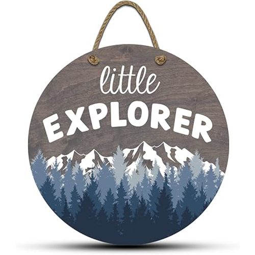 Little Explorer Hanging Wall Sign, 12" Wood Round, Blue Trees Grey Background, Rustic Home Decor, Woodland Baby Shower Decorations,Hickory Hollow Designs (Little Explorer (Classic Grey))