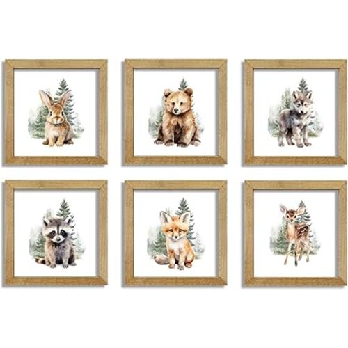 Woodland Animal Nursery Wall Art Decor 8x8 Inch Set of 6 Safari Bear Deer Fox Raccoon Rabbit Wolf Children's Jungle Boys Girls Room Wood Framed Forest Animal Wall Hanging (Wood)