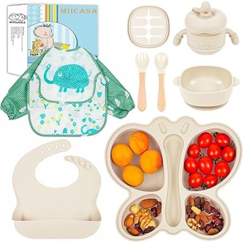 Silicone Baby Feeding Set, Baby Led Weaning Supplies, Silicone Suction Butterfly Plate, Bowl, Spoons, Fork and Waterproof Bib & Cloth Bib, Eating Utensils Baby Feeding Essentials (Beige)