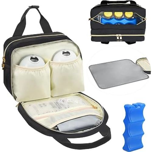 PIIOSER Breastmilk Cooler Bag with Ice Pack, Compatible with Wearable Breast Pumps & Accessories - Portable Pumps Carrying Case for Nursing & Working Moms, Black
