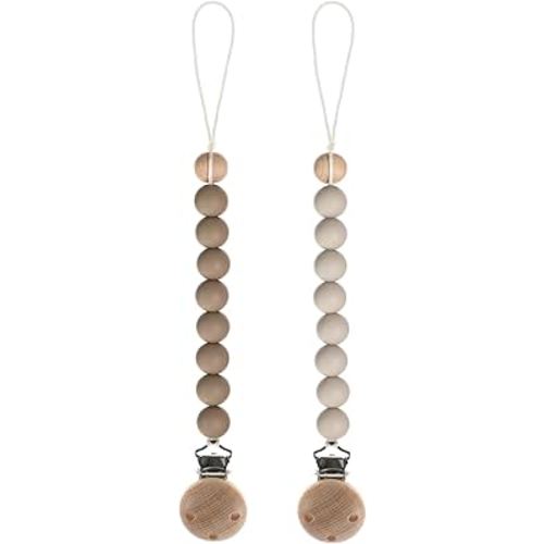 Silicone Pacifier Clips for Baby, 2-in-1 Pacifier Holder & Teething Ring Toy, BPA Free, 2 Pack (Sand+Light Grey)