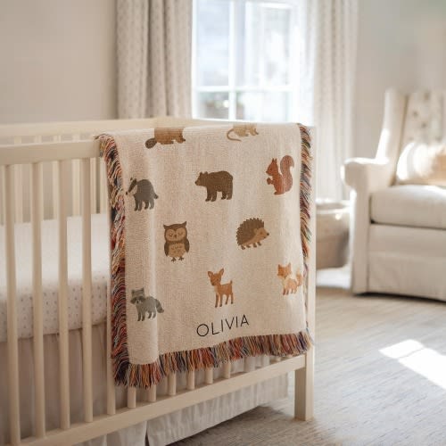 Personalized Woodland Animals Baby Blanket, Custom Name Forest Animal Blanket, Rustic Baby Gift, Fox Deer Bear Hedgehog Nursery Decor