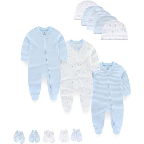 Baby Boy Girls Clothes 2-Way Zip Footed Long Sleeve 100% Cotton,Newborn Caps and Scratch Mittens Set 0-6 Months