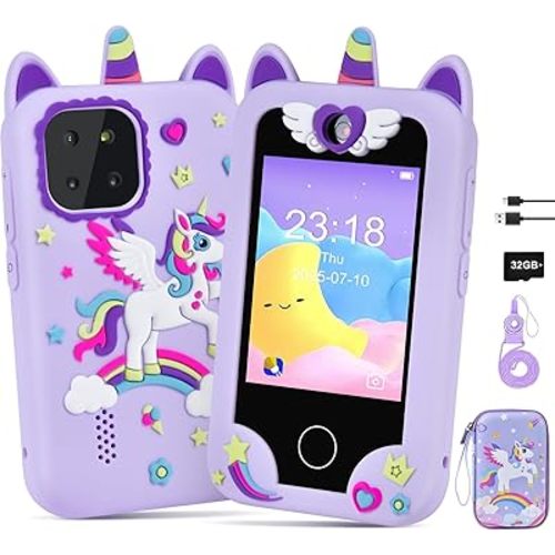 Kids Smart Phone Touchscreen Girl Learning Play Phone Toy Christmas Birthday Gift for Girls Ages 3-10, Toddler Toys Cell Phone with 44 Games, Dual Camera, MP3 Player, Storage Box Purple 32GB
