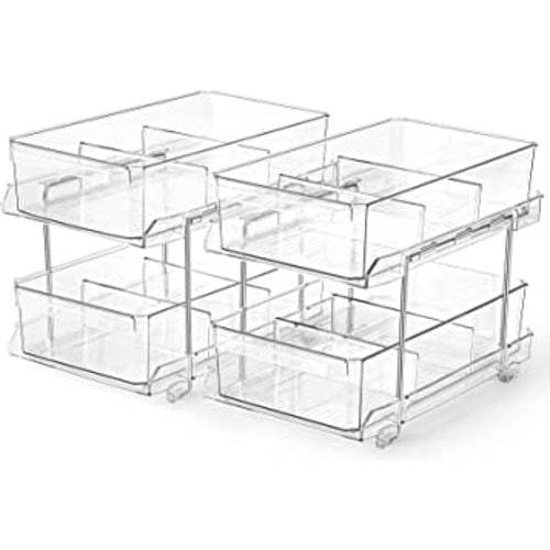 2 SET, 2 Tier Clear Organizer with Dividers, Multi-Purpose Slide-Out Storage Container, Bathroom Vanity Counter Organizing Tray, Under Sink Closet Organization, Kitchen Pantry Medicine Cabniet Bins