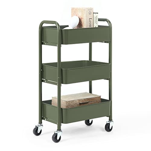 SunnyPoint 3-Tier Delicate Compact Rolling Metal Storage Organizer - Mobile Utility Cart Kitchen/Under Desk Cart with Caster Wheels (Army, Compact (15.5" X 26.8" X 10.27"))