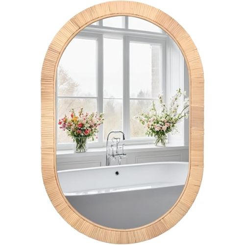 FUIN Handcrafted Rattan Oval Wall Mirror 20"x30" – Natural Wicker Bathroom Bedroom Boho Décor with Sturdy Hooks | Versatile Vertical & Horizontal Scandinavian Coastal Farmhouse Entryway