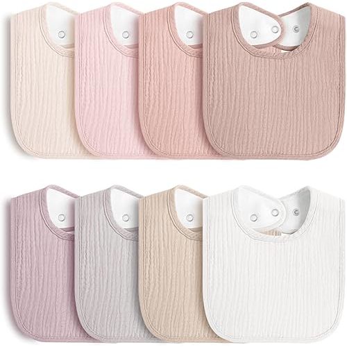 8-Pack Baby Muslin Bibs, Soft Cotton Drool Bibs for Boys Girls, Adjustable and Absorbent Newborn Bib Set for Feeding and Drooling