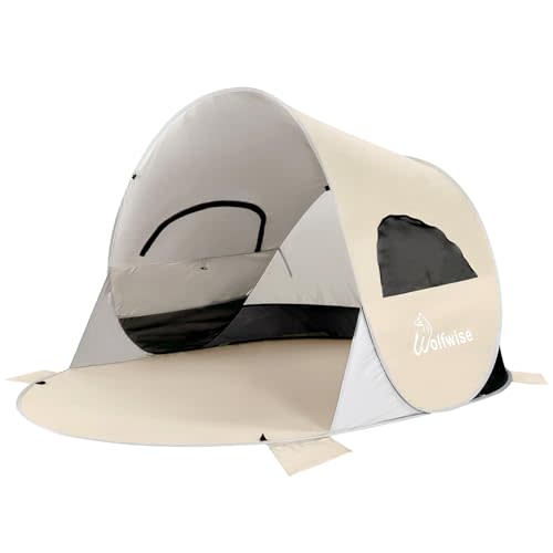 Wolfwise Pop up Beach Tent Sun Shelter with UPF50+ UV Protection, Instant Easy Setup Popup Beach Shade Canopy for 3 Person, Portable & Foldable with Carring Bag, 87 ×57×47 in, Beige