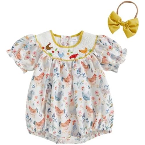 CIYCUIT Baby Girl Smocked Romper Bow Tractor Print Bodysuits Jumpsuits with Headband