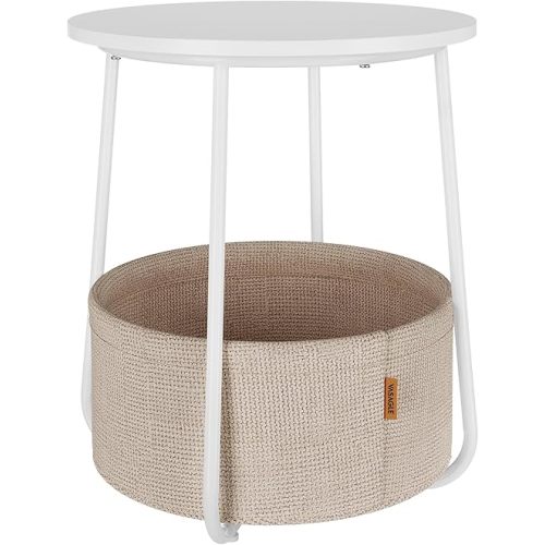 VASAGLE Small Round Side End Table, Modern Nightstand with Fabric Basket, Matte White and Camel Brown ULET223W10