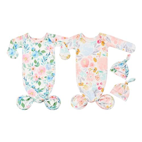 Terriboo Newborn Baby Boy Long Sleeve Sleeper Gown with Mittens Knotted Gown Coming Home Outfit Nightgown Hat Set 2 Pieces