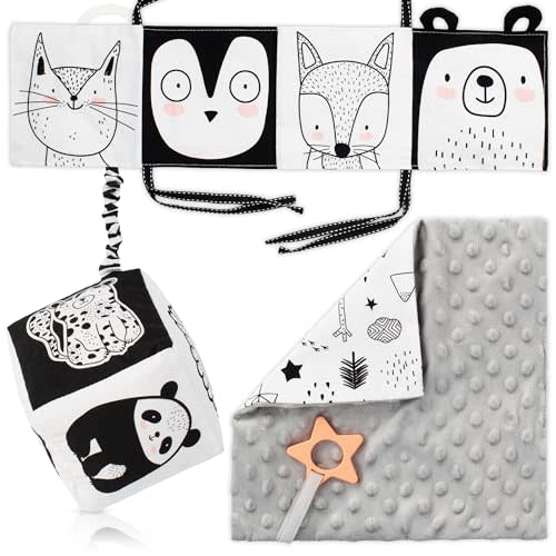 The Ultimate Tummy Time Toys Set of 3 - Soft High Contrast Book, Toy Block, Crinkle Paper and Teether - Stimulating Black & White Sensory Development Toys for Newborns & Infants 0-3, 0-6 Months